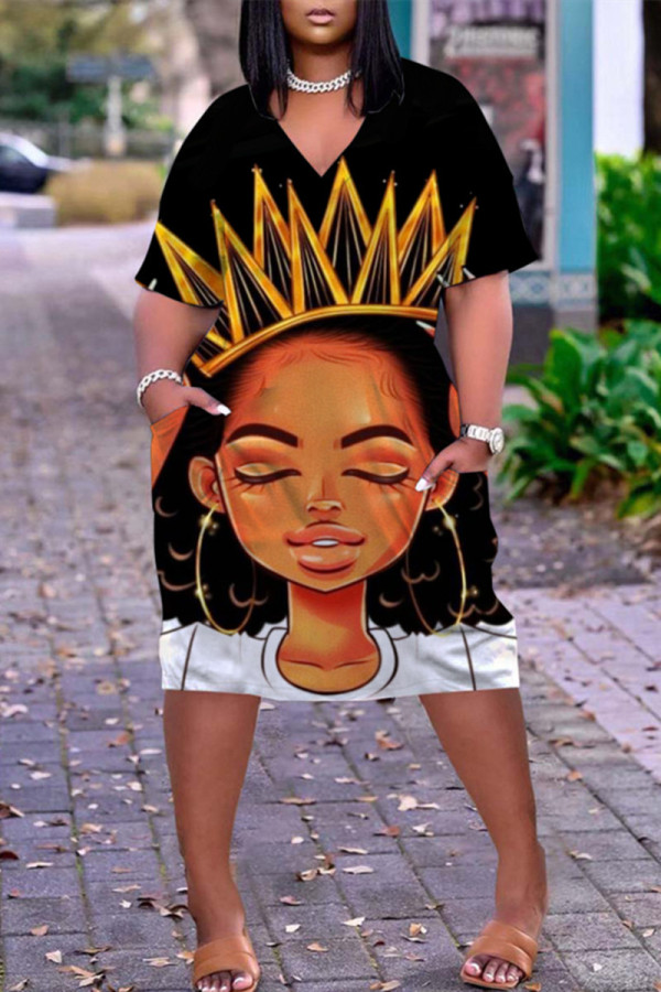 Black Orange Fashion Casual Print Basic V Neck Short Sleeve Dress