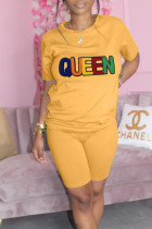 Yellow Casual Solid Embroidered Split Joint O Neck Short Sleeve Two Pieces