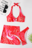 Turquoise Sexy Vacation Print Patchwork Swimwears