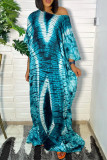 Blue Gradual Change Print Tie-dye O Neck A Line Dresses