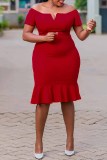 Pink Sexy Casual Plus Size Solid Backless Off the Shoulder Short Sleeve Dress