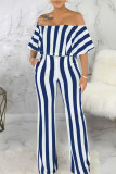 Grey Fashion Casual Striped Print Split Joint Off the Shoulder Straight Jumpsuits