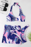 Turquoise Sexy Vacation Print Patchwork Swimwears