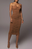 Brown Fashion Sexy Solid Backless Fold Spaghetti Strap Sleeveless Dress