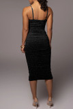 Brown Fashion Sexy Solid Backless Fold Spaghetti Strap Sleeveless Dress