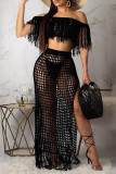 Black Sexy Solid Tassel Hollowed Out Patchwork Off the Shoulder Half Sleeve Two Pieces