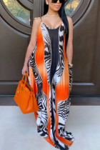 Orange Fashion Patchwork Print Backless V Neck Dresses