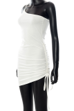 White Sexy Solid Patchwork One Shoulder Irregular Dress Dresses