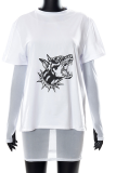 White Street Print Mesh O Neck Long Sleeve Two Pieces