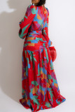 Multicolor Fashion Casual Print Patchwork Fold V Neck Long Sleeve Dresses