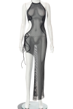 White Sexy Solid Mesh Halter Irregular Dress Dresses