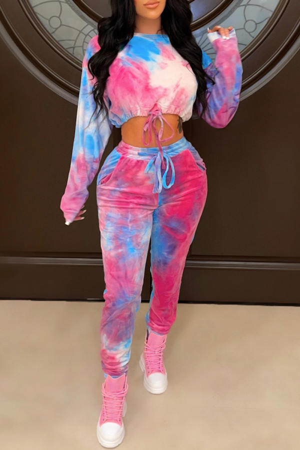 Colour Fashion Casual Gradual Change Tie Dye Draw String O Neck Long Sleeve Two Pieces