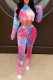 Colour Fashion Casual Gradual Change Tie Dye Draw String O Neck Long Sleeve Two Pieces
