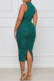 Green Sexy Casual Solid Slit Fold O Neck Sleeveless Dress
