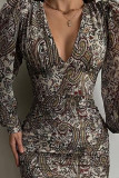 Black Sexy Print Patchwork V Neck One Step Skirt Dresses
