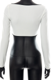 White Casual Solid Patchwork Square Collar Tops