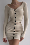 Apricot Sexy Solid Patchwork Buckle V Neck Long Sleeve Two Pieces