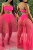 Rose Red Fashion Sexy Solid Backless Swimwears Three-piece Set