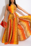 Orange Fashion Sexy Bohemian Vacation Color Lump Strap Design Printing Halter Beach Dresses