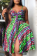 Green Sexy Print Patchwork Spaghetti Strap Cake Skirt Dresses