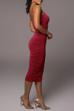 Brown Fashion Sexy Solid Backless Fold Spaghetti Strap Sleeveless Dress