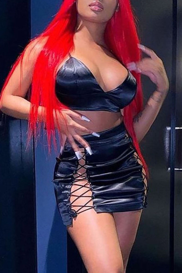 Black Sexy Solid Bandage Hollowed Out Patchwork Spaghetti Strap Sleeveless Two Pieces