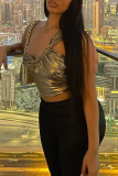 Gold Sexy Solid Patchwork One Shoulder Tops
