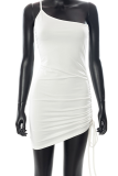 White Sexy Solid Patchwork One Shoulder Irregular Dress Dresses