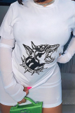 White Street Print Mesh O Neck Long Sleeve Two Pieces