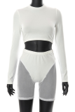 White Sexy Solid See-through O Neck Long Sleeve Two Pieces