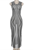 Purple Fashion Sexy Print See-through O Neck Sleeveless Dress