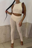 Apricot Sexy Solid Patchwork See-through O Neck Sleeveless Two Pieces