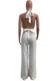 Dark Blue Fashion Casual Solid Backless Halter Regular Jumpsuits