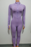 Purple Sexy Solid Zipper Patchwork O Neck Skinny Jumpsuits