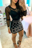 Black Sexy Solid Patchwork See-through Hot Drill O Neck Long Sleeve Two Pieces