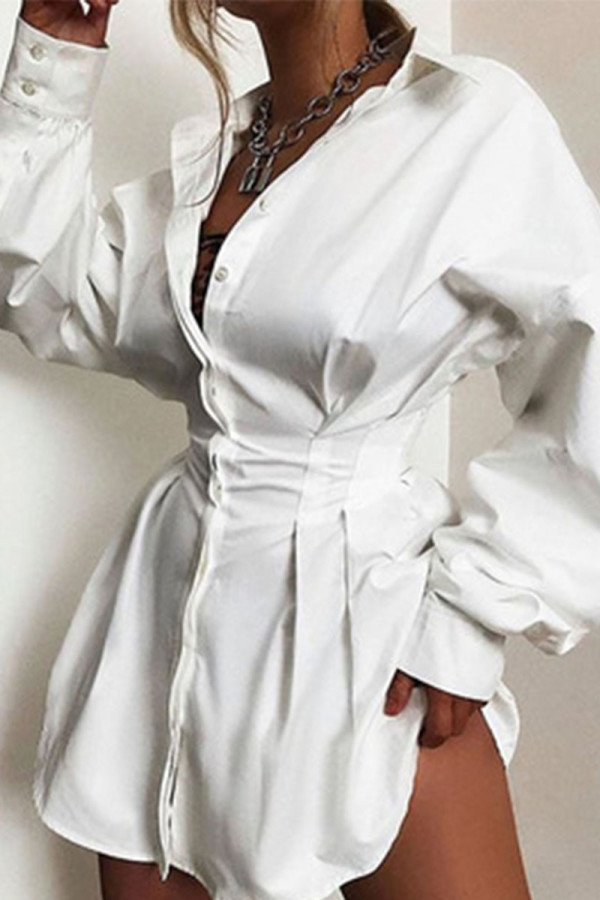 White Street Solid Patchwork Fold Turndown Collar Shirt Dress Dresses