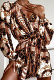 Brown Vintage Print Bandage Patchwork V Neck Shirt Dress Dresses