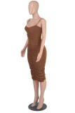 Brown Fashion Sexy Solid Backless Fold Spaghetti Strap Sleeveless Dress
