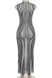 Purple Fashion Sexy Print See-through O Neck Sleeveless Dress