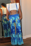 Blue Fashion Casual Daily Print Pants Loose Jumpsuits