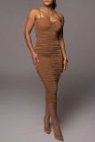 Brown Fashion Sexy Solid Backless Fold Spaghetti Strap Sleeveless Dress