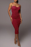 Brown Fashion Sexy Solid Backless Fold Spaghetti Strap Sleeveless Dress