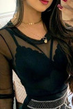 Black Sexy Solid Patchwork See-through Hot Drill O Neck Long Sleeve Two Pieces