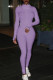 Purple Casual Solid Zipper Embroidered Half A Turtleneck Regular Jumpsuits