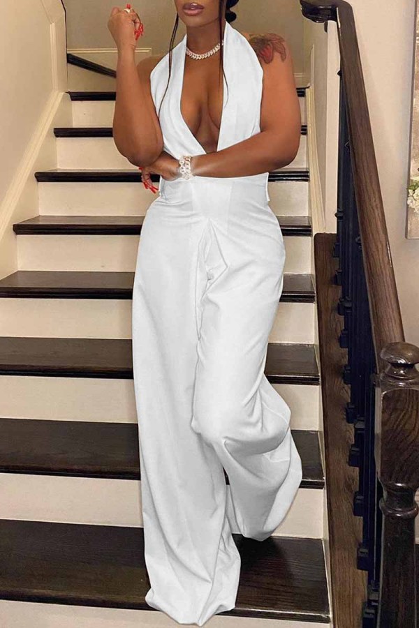 White Fashion Casual Solid Backless Halter Regular Jumpsuits