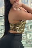 Gold Sexy Solid Patchwork One Shoulder Tops