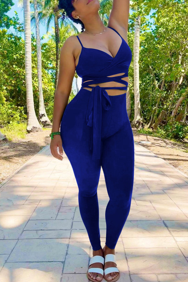 Blue Fashion Sexy Solid Bandage Backless V Neck Sleeveless Two Pieces