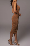 Brown Fashion Sexy Solid Backless Fold Spaghetti Strap Sleeveless Dress