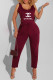 Burgundy Fashion Casual Print Letter O Neck Jumpsuits