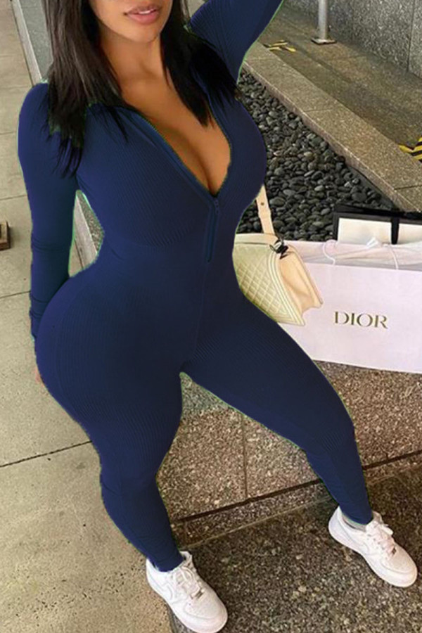 Dark Blue Sexy Solid Zipper Patchwork O Neck Skinny Jumpsuits